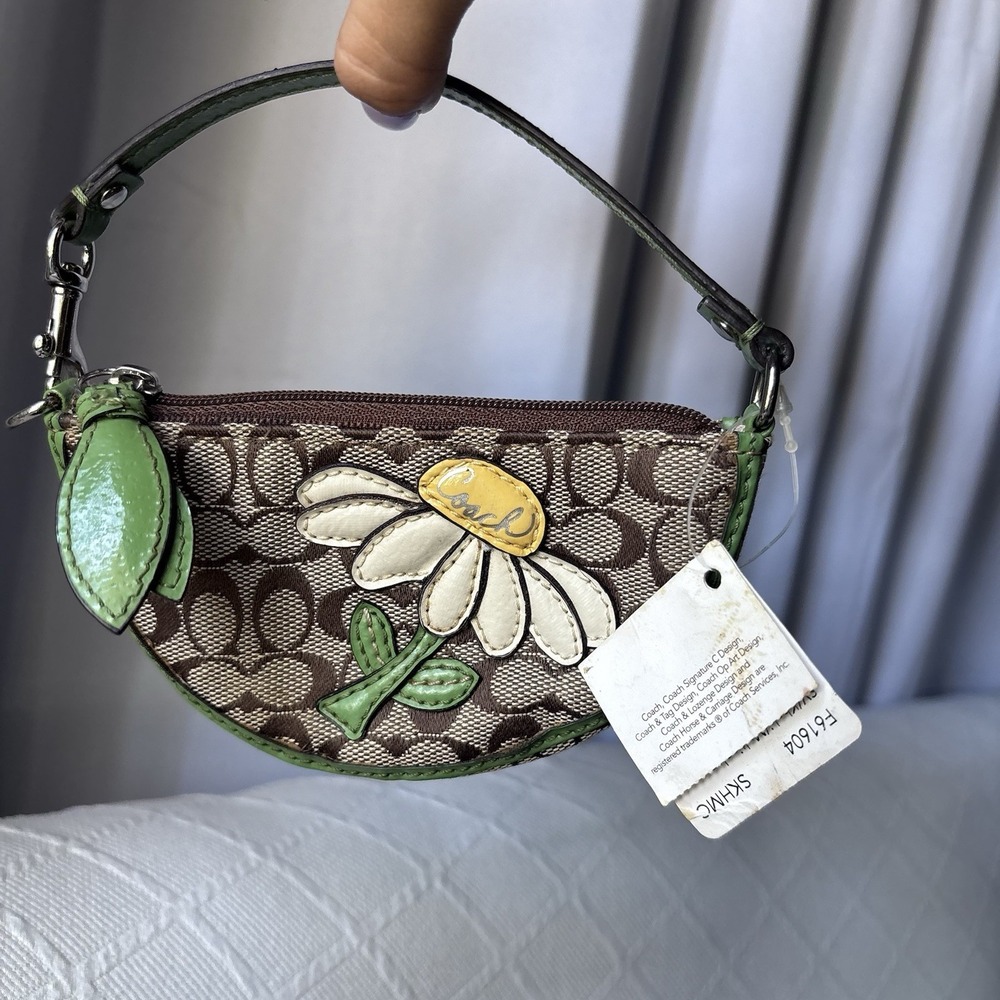 NWT Vtg COACH Green Brown Daisy Flower Fruit Slice Leather Coin Purse Keychain